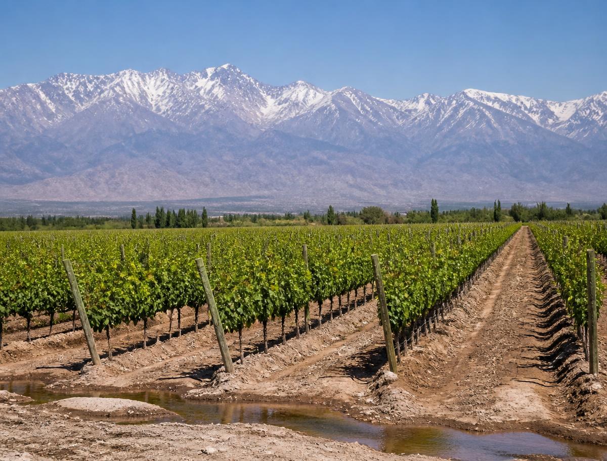 Vineyard rows in Mendoza with the snow-capped Andes in the distance