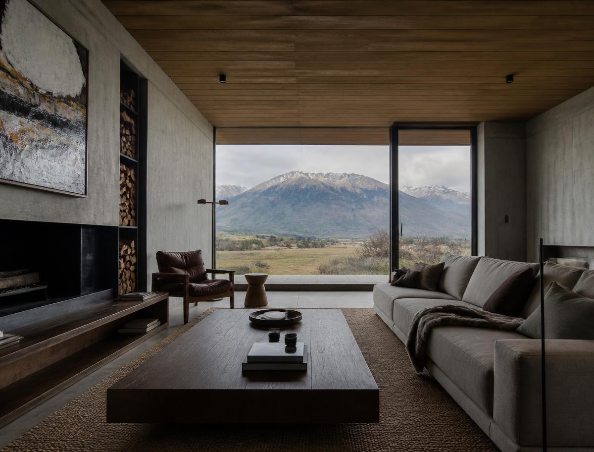 Refined living room of a luxury Argentine rental with linen sofas, fireplace and pool and mountain views