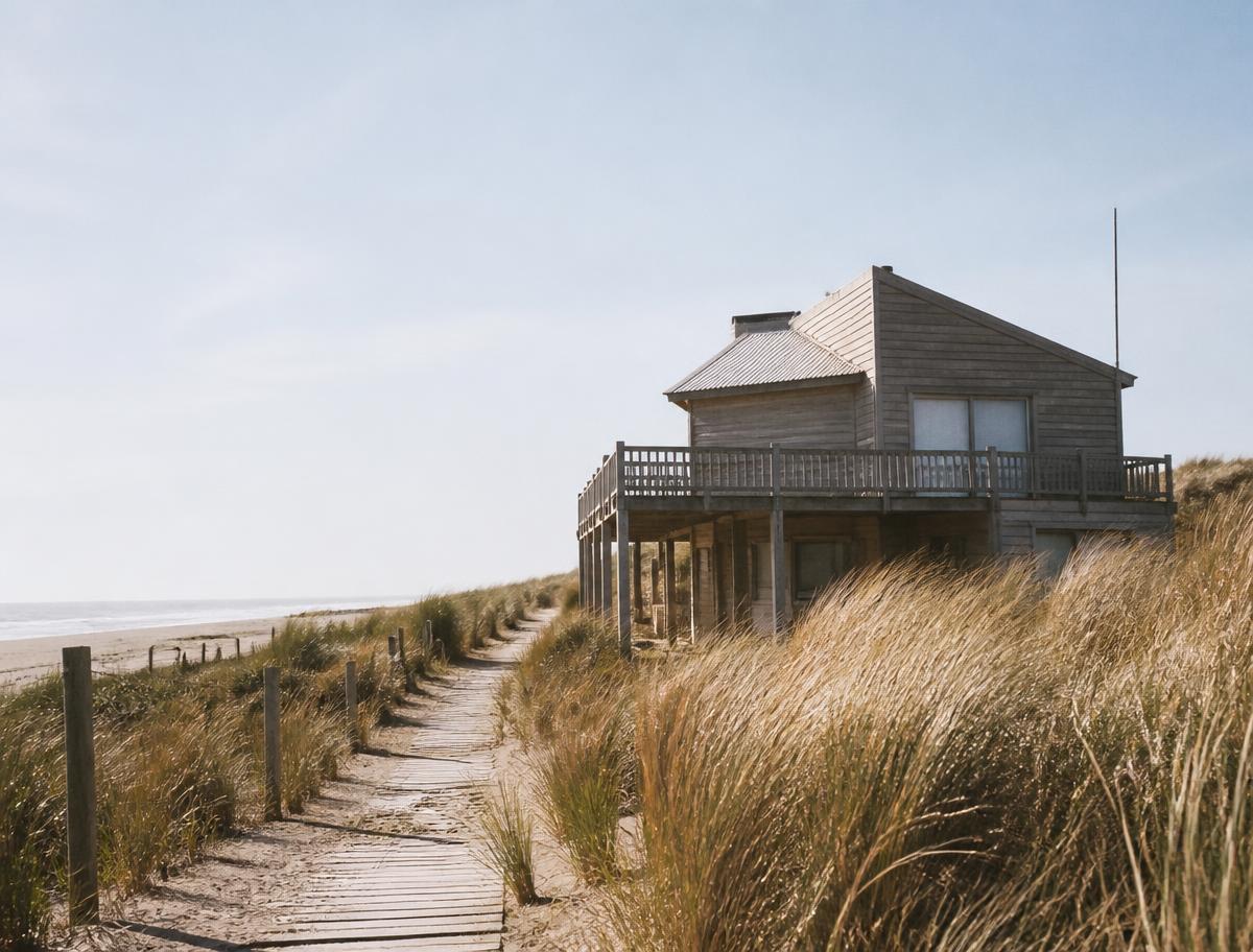 Modern wooden beach house behind dune grass on the Argentine Atlantic coast